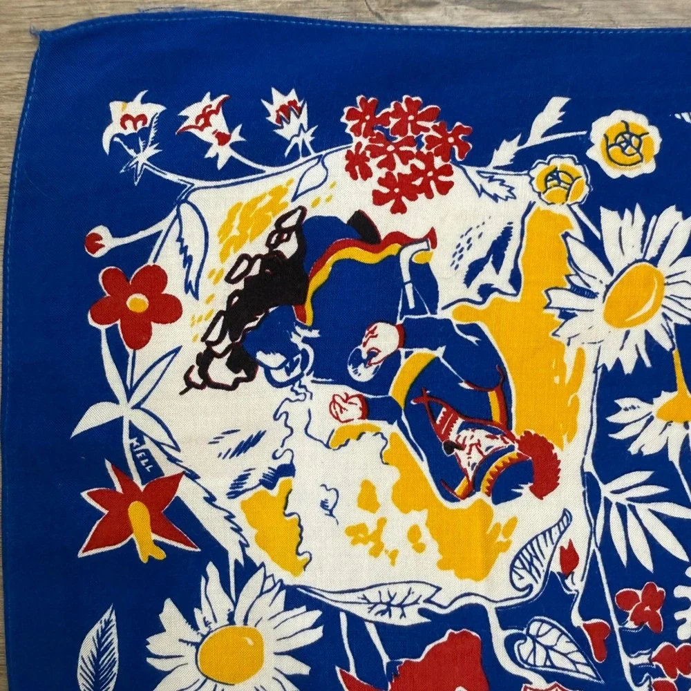 Vintage Swedish Bandanna Scarf Ahrnebergs AB Hand Printed Blue Folk Art 25